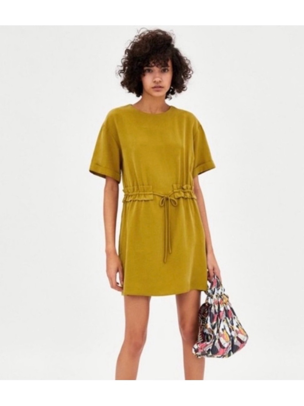 ZARA TRF | Mustard Short-Sleeve Drawstring Mini Dress